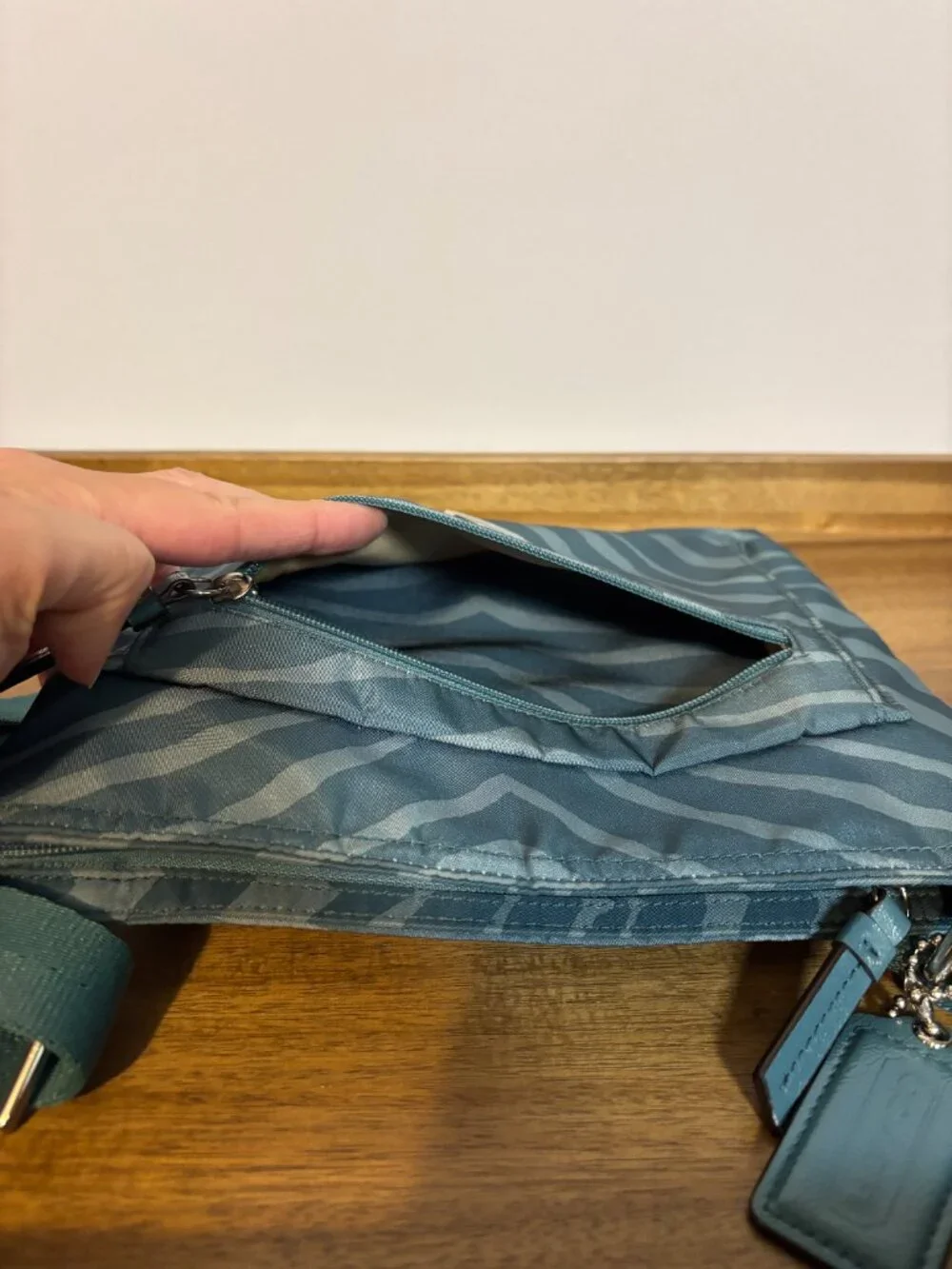 Coach Getaway Teal Zebra Print Nylon File Crossbody Bag